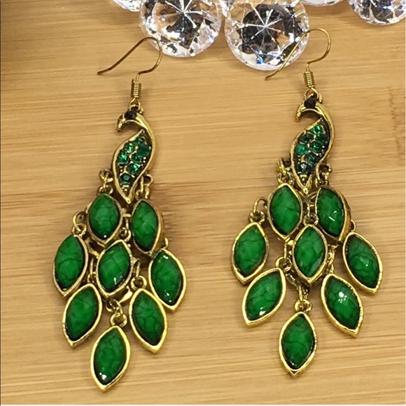 Green Peacock Earrings - Picture 2 of 7